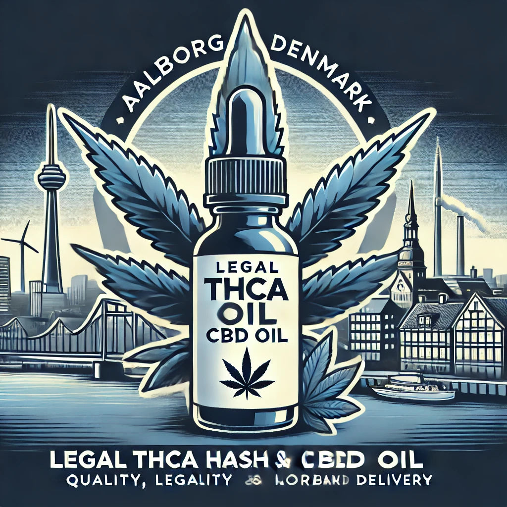 "Billede af Aalborgs skyline med cannabisprodukter – Køb lovligt THCA hash og CBD olie hos CopenhagenWeed.dk med hurtig levering i Aalborg.