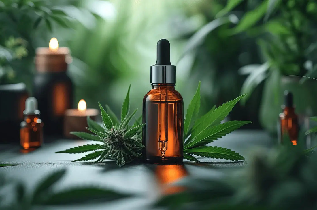 CBD olie flaske til søvnforbedring i rolig sovemiljø, naturlig lindring mod stress og søvnproblemer, cannabisolie til bedre søvn, CBD olie til afslapning