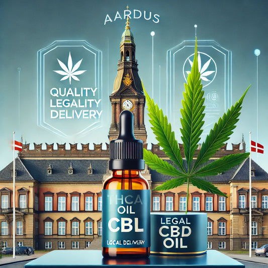 Billede af Aarhus Rådhus med cannabisprodukter – Køb lovligt THCA hash og CBD olie hos CopenhagenWeed.dk med levering i Aarhus.