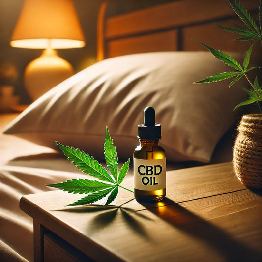 Flaske med CBD olie på natbord ved siden af en pude, omgivet af en hampblade. Naturlig løsning til afslapning og velvære.