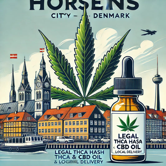 Billede af Horsens by med cannabisprodukter – Køb lovligt THCA hash og CBD olie hos CopenhagenWeed.dk med hurtig levering i Horsens.