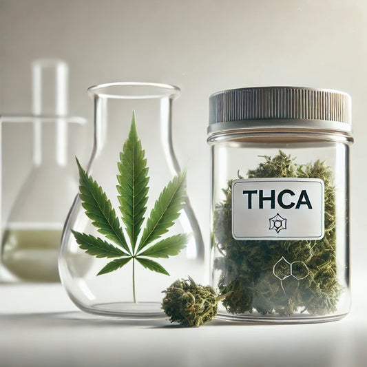 Cannabisblad ved siden af en gennemsigtig beholder mærket med 'THCA'. Naturlig og videnskabelig præsentation af THCA.