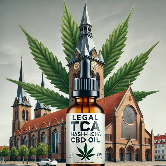 Billede af Odense Domkirke med cannabisprodukter – Køb lovligt THCA hash og CBD olie hos CopenhagenWeed.dk med levering i Odense