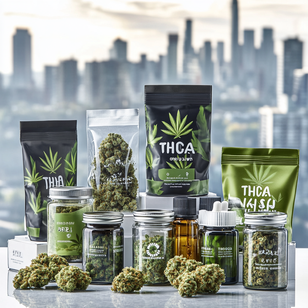 Udvalg af cannabisprodukter som THCA, hash, CBD-olie, skunk, topskud og weed i moderne krukker og emballage, vist på en ren overflade med en bylandskabsbaggrund. Højkvalitets cannabisprodukter til salg med fokus på premium og professionel præsentation.
